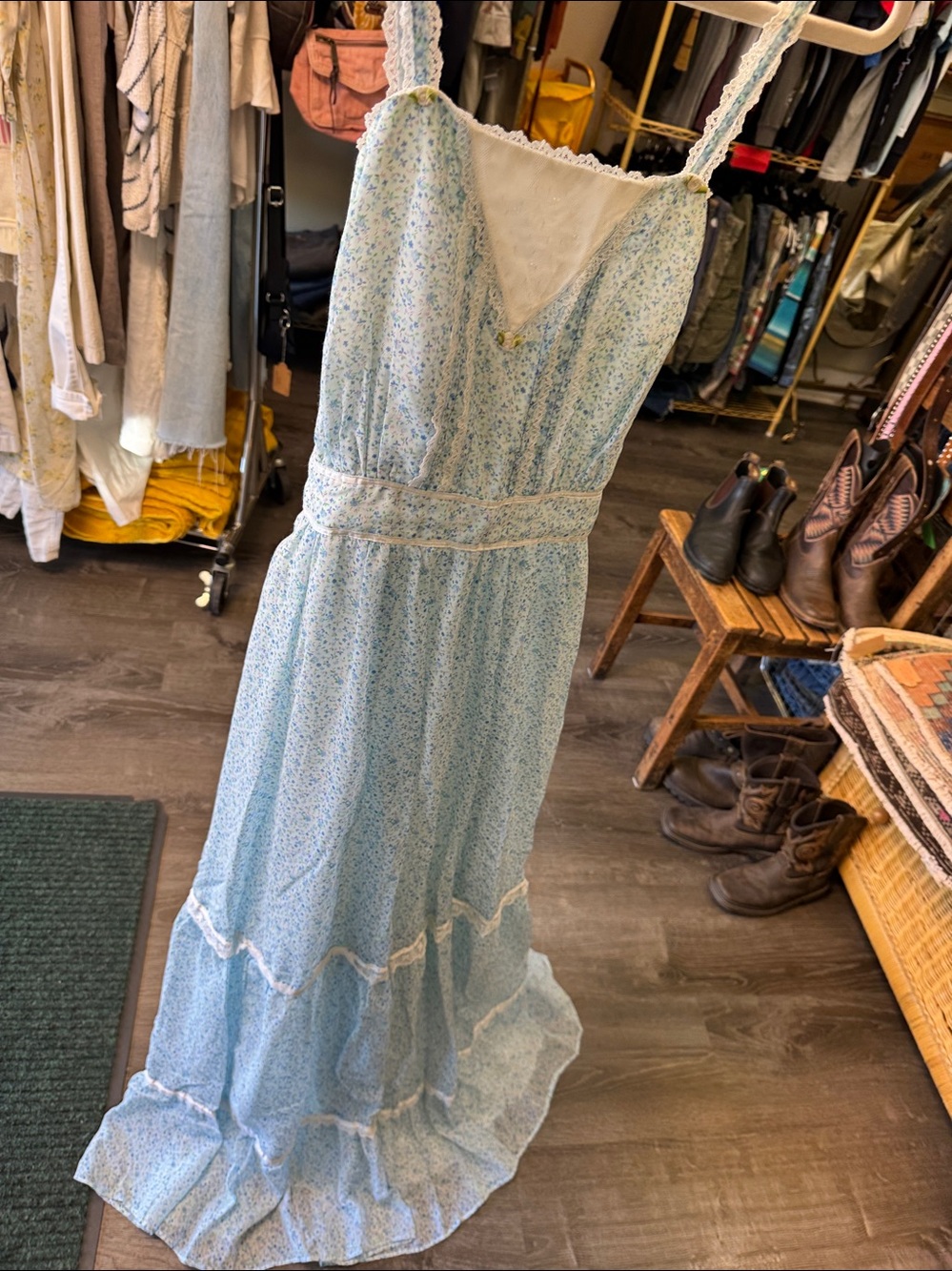 1970’s Vintage Light Blue Floral cotton Maxi Dress with tiered Lace Trim
